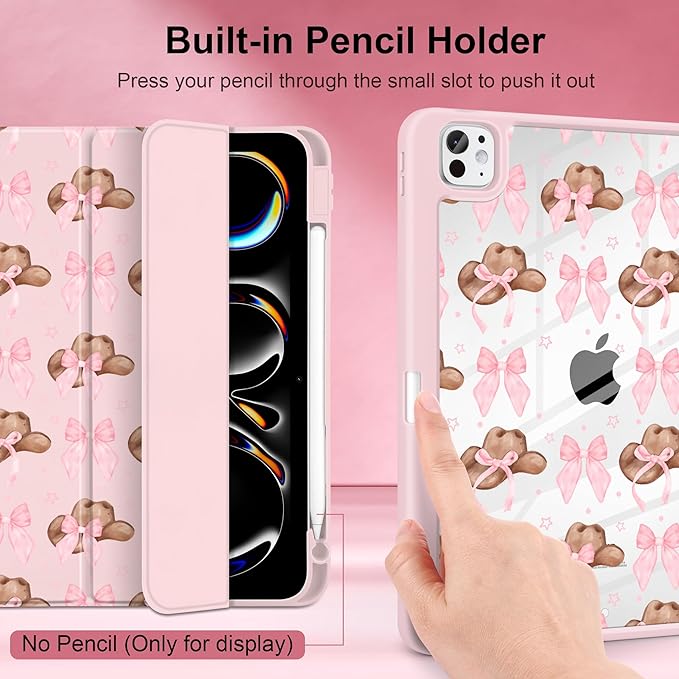 Case for iPad Pro 13 inch (M5) 2025 (M4) 2024 Release with Pencil Holder - Aesthetic Cute Preppy Design Trifold Cover with Soft TPU Bumper Clear Back Auto Sleep/Wake for Girls Women Hat