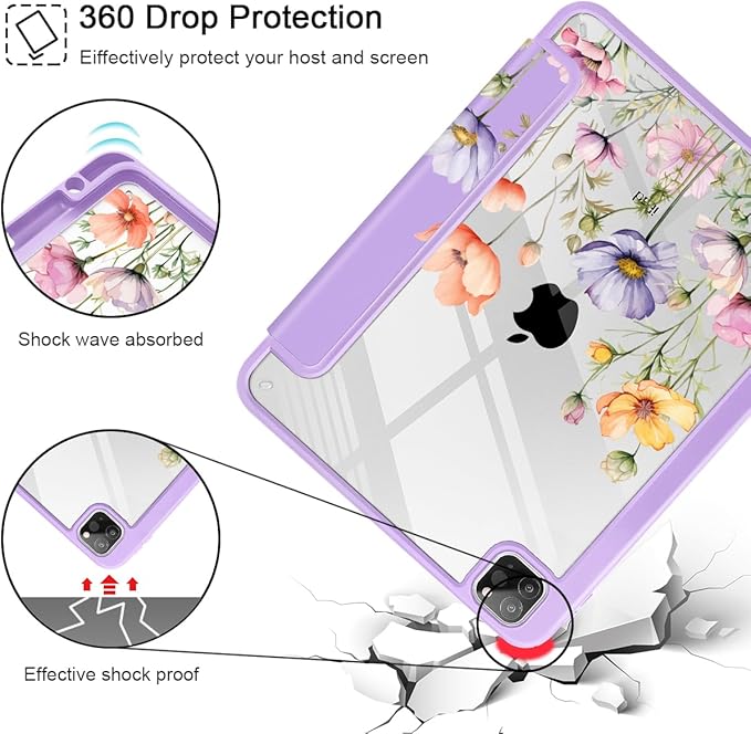 May Chen for iPad Pro 11 inch M2 4th Generation 2022 iPad Pro 11 3rd/2nd/1st Gen Case with Transparent Shockproof Back Cover [Built-in Pencil Holder Auto Sleep/Wake Purple Wild Flowers