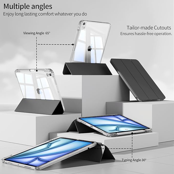Case for iPad Air 11 inch M4/M3/M2 (2026/2025/2024) &amp iPad Air 5/4th Generation (2022/2020) 10.9 inch 2-in-1 Removable Hard PC Transparent Back with Pencil Holder Auto Sleep/Wake Black