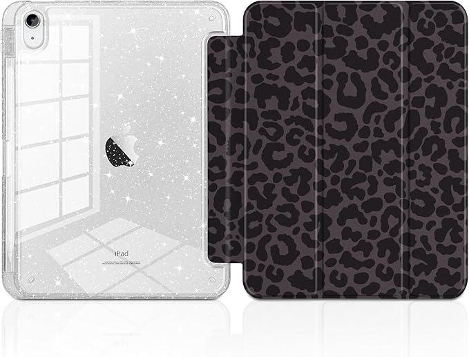 DONGKE for iPad Pro 11 inch Case – Fits M5 2025 / M4 2024 Shockproof Sparkling Glitter Acrylic Back Pencil Holder Trifold Stand Auto Sleep/Wake &amp Touch ID Support - Black Leopard