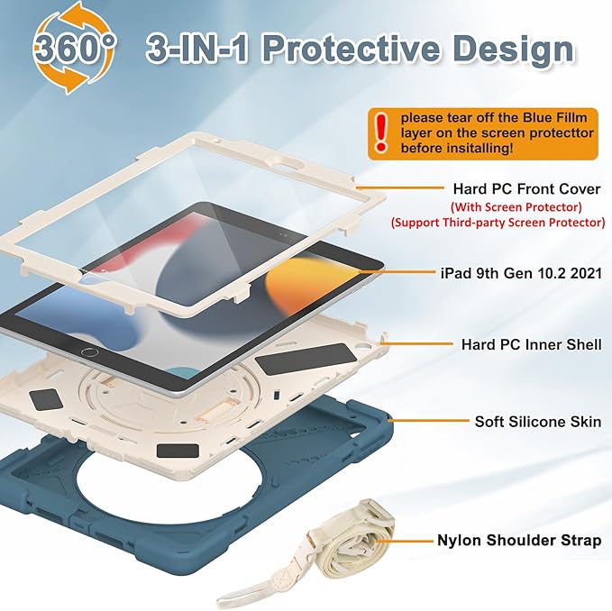 BRAECNstock for Apple iPad 9th/ 8th/ 7th Generation Case 10.2 inch 2021/2020/ 2019 Shockproof Protective Case with Screen Protector Pencil Holder Rotating Hand Strap+Stand Cornflower Blue