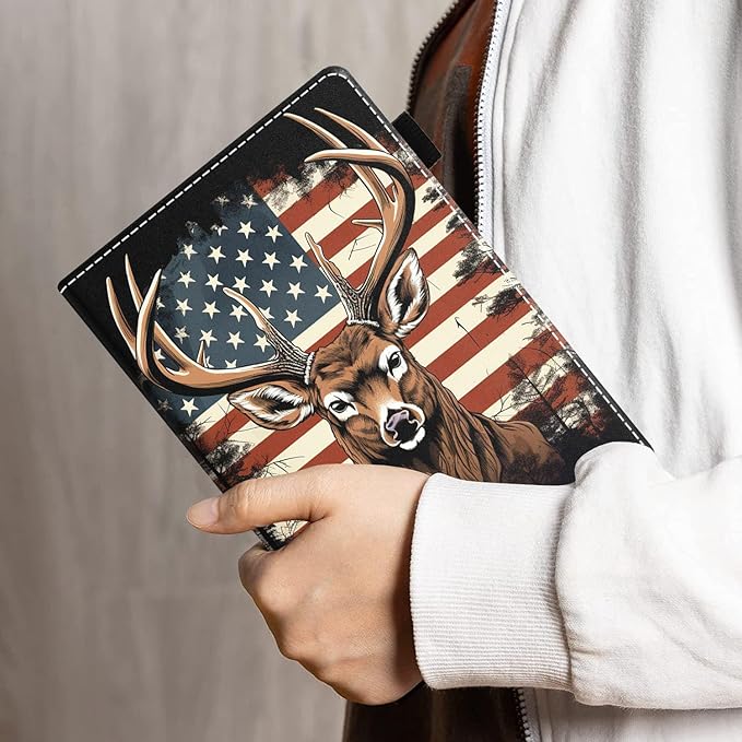 Case for All-New Amazon Kindle Fire HD 10 &amp 10 Plus Tablet 10.1 (13th/11th Generation 2023/2021 Release) - PU Leather Folio Case with Smart Auto Wake/Sleep American Flag Deer