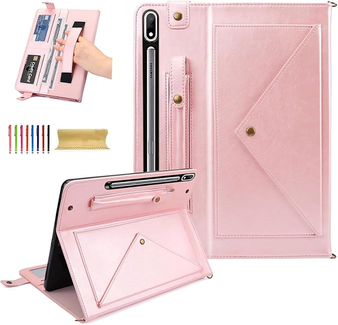 Dteck Galaxy Tab S10/S9/S8 Case Business PU Leather Folio Stand with S Pen Holder Card Slots Shoulder Hand Strap Wallet Rosegold
