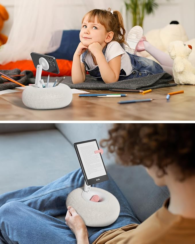 Viozon Phone Holder for Bed Magnetic Pillow Stand Compatible with 4-7 Phone/Kindle with Small Storage Removable Suction Base for Stability Idea for Kindle Reading and Video Watching On BedWhite