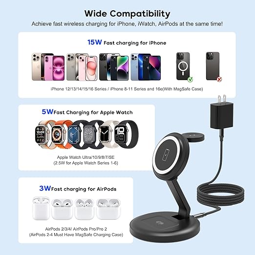 Charging Station 3 in 1 Foldable Wireless Charger iPhone Charging Station Charger Stand Multiple Devices for Apple with PD Adapter and USB C Cable for iPhone 17/16/15/14/13iWatchAirPods All Series
