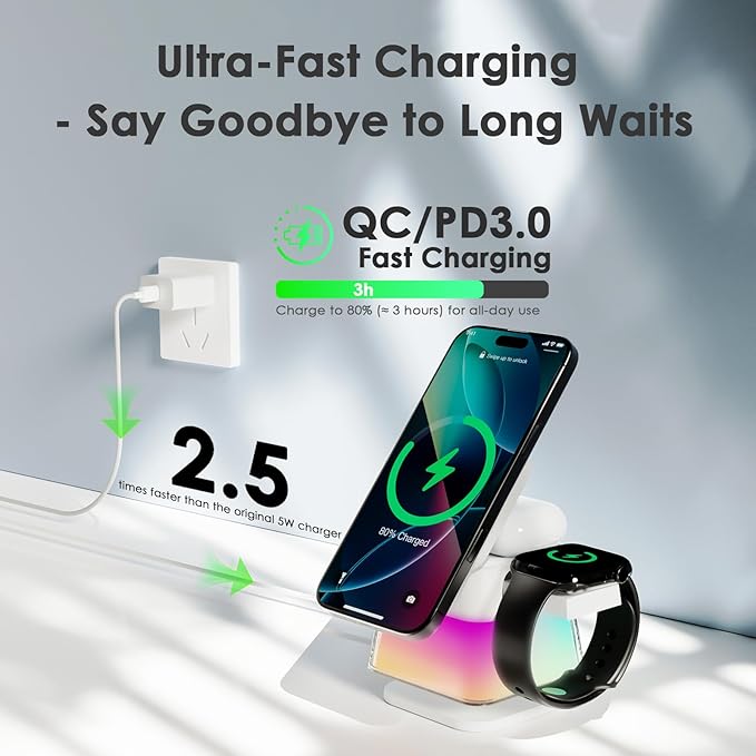 Minthouz 3 in 1 Charging Station for iPhone Wireless Charger for Apple Charging Station for Multiple Devices with Multi-Color Light for iPhone 16 15 14 13 12 Pro Apple Watch &amp AirPods Pro/4