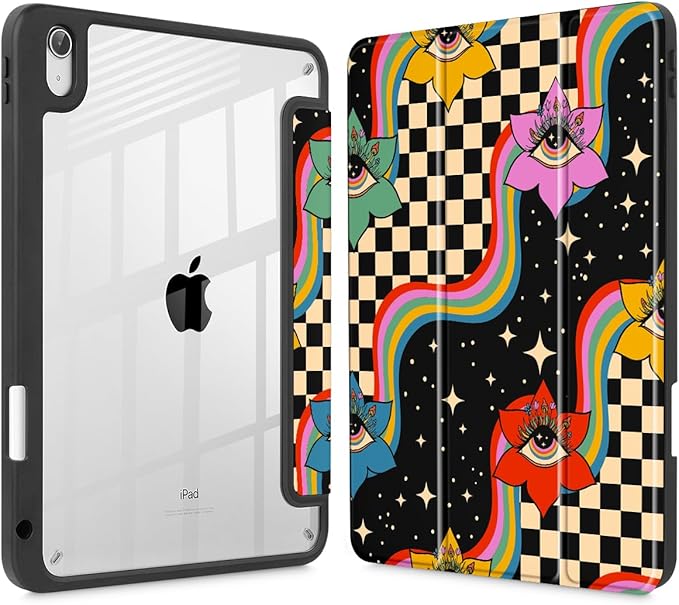 Tuiklol Case for iPad 11 inch (A16 Chip) 2025 Gen 11th / iPad 10.9 inch 2022 10th Gen Buit in Pencil Holder with Shockproof Cover Clear Transparent Back Shell Auto Wake/SleepFlowers &amp Eyes