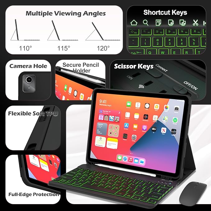 Keyboard Case for Lenovo Tab M11 / K11 LTE 11 Inch 2024 Mouse and 7 Colors Backlit Detachable Keyboard Adjustable Stand Built in S Pen Holder Auto-Sleep/Wake Feature Black