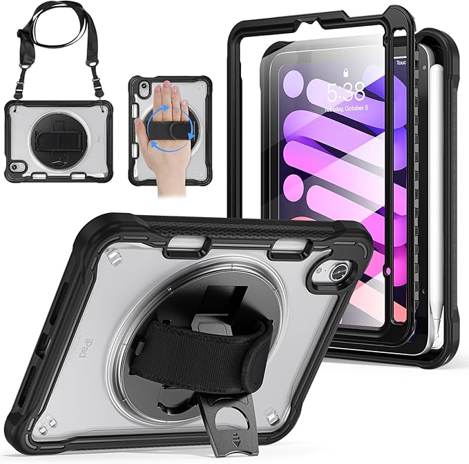 BRAECNstock Case for iPad mini 7 (A17 pro) 2024 &amp Mini 6 2021 8.3-inchShockproof Protective Cover with Pencil HolderScreen Protector360° Rotating Hand Strap/Stand-Black