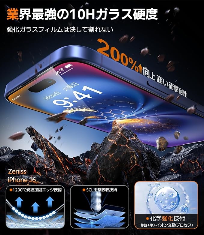 NeverBreak 9H+ Hardness for iPhone 16 Screen Protector 12FT Military Grade Protection (Scratch Shatter Drop Resistance) 16 Tempered Glass Full Edge Coverage Case Friendly 6.1 2 Pack