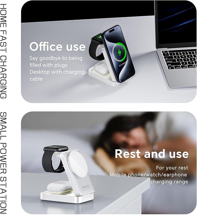 MALOM W91 3-in-1 Multifunctional Wireless Magnetic Charger for iPhone Apple Watch AirPods Foldable Nightlight (White)