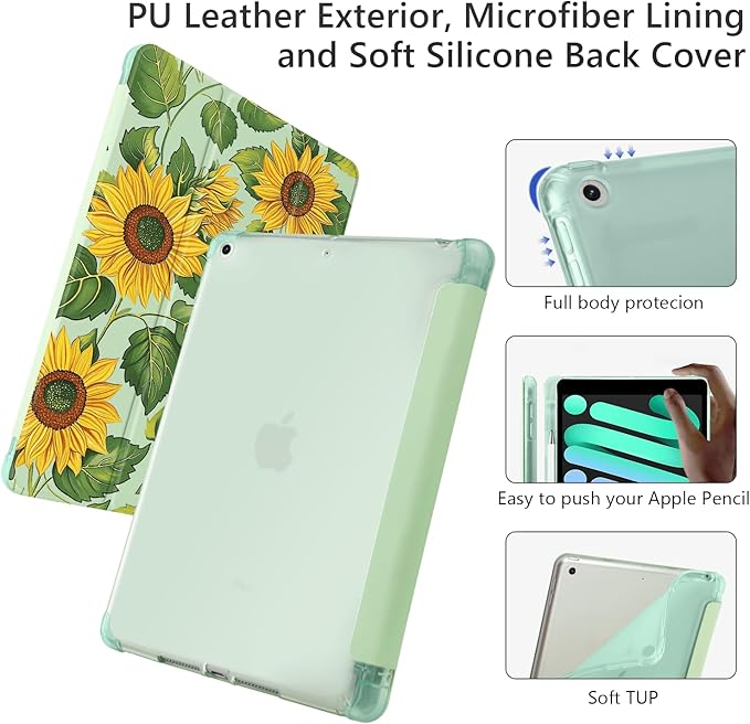 Cute Sunflower Floral for iPad Pro 11 Inch Case (M5/M4) 2025/2024 with Pencil Holder Auto Sleep/Wake Green Leather Soft TPU Back Cover