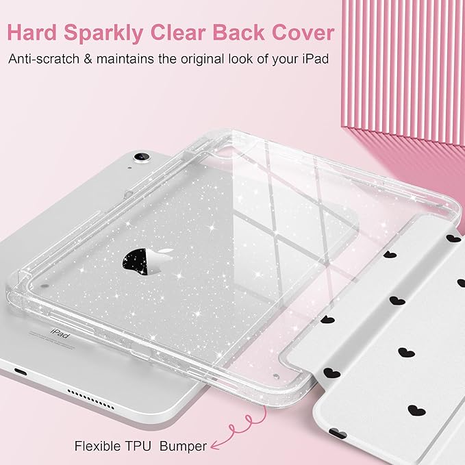 MEEgoodo Case for iPad A16 11th Generation 2025/10th Generation 2022 Glitter Tablet Cases with Transparent Acrylic Back+Trifold Stand +Pencil Holder+Auto Wake/SleepBlack Hearts