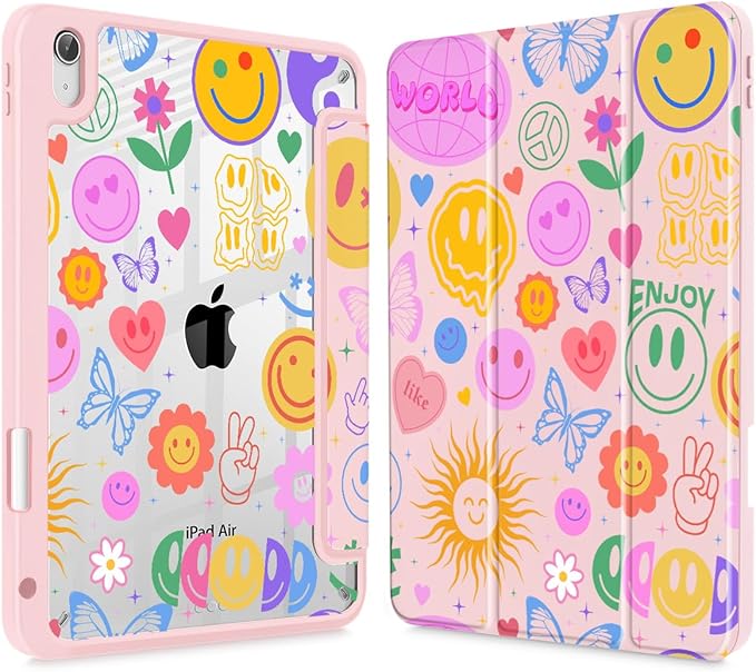 May Chen for iPad Air 11-inch M4/M3/M2 (2026/2025/2024) iPad Air 5th/4th 10.9 Inch - Shockproof Cover with Clear Back Shell &amp Penceil Holder Auto Wake/Sleep Stand Cover Smile Pattern