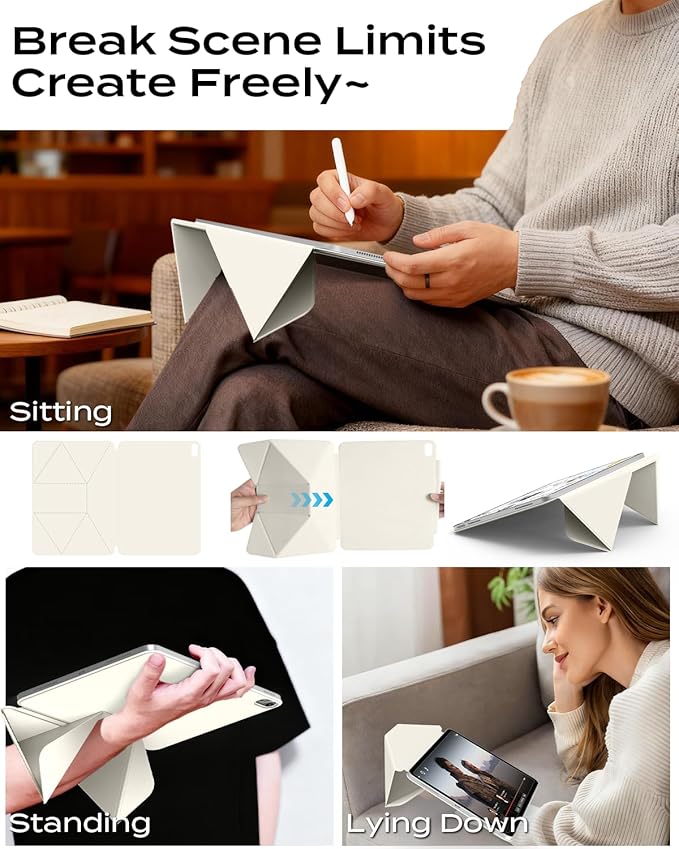 JKSML Dynamic Folio Case for iPad Air M4/M3/M2 11 &amp Air 4th/5th Gen 10.9 Detachable Pencil Holder 20+ Multi-Angle Origami Cover Slim &amp Ergonomic &amp Powerful Magnetic - Cream