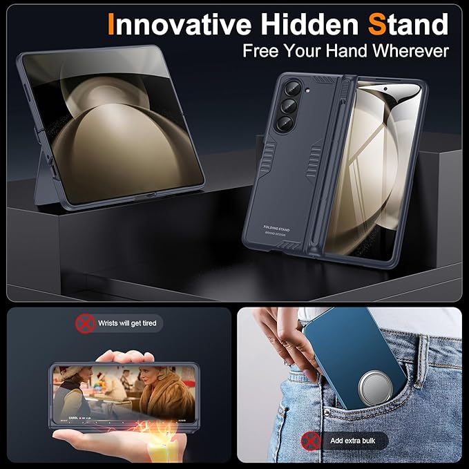 Kaiiecal for Samsung Galaxy Z-Fold-5 Case with S Pen Holder [No Pen] Screen Protector | Hidden Kickstand | Slim Hinge Protection | Scratch Resistent | Anti-Slip Soft Full-Body Cover for Fold5 Blue