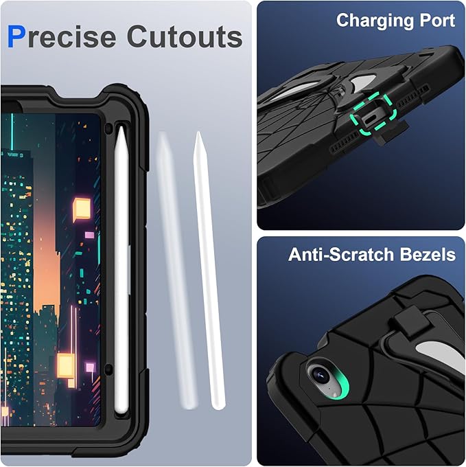 Kids Case for iPad mini 7 A17 Pro 2024/ Mini 6 8.3 inch Spider Case for iPad mini 7th 6th Generation Shockproof Durable Full Protective Cover with Pencil Holder Kickstand (Black+Black)