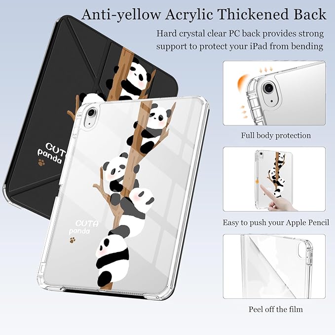 Cute Kawaii Panda for iPad Pro 11 Inch Case 4th/3rd/2nd Generation 2022/2021/2020 with Pencil Holder Auto Sleep/Wake Black Leather Acrylic Back Detachable Cover