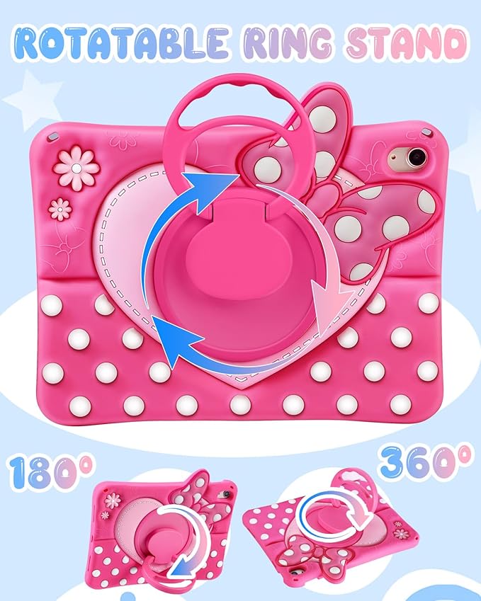 Boaretiu Kids Case for iPad A16 11th Generation 11 Inch 2025/for iPad 10th Gen 2022 10.9 Inch - Cute Girly Cartoon Soft 3D Bow Heart Dot Silicone Cover with Strap &amp Rotating Stand for Girls Teens