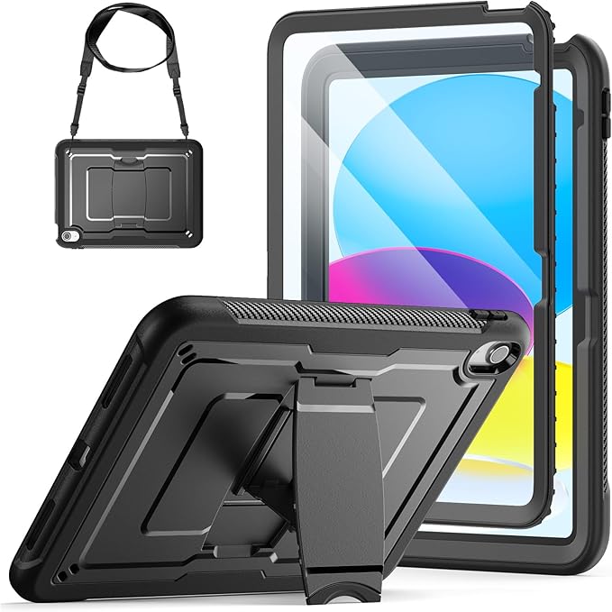 SEYMAC stock Case for iPad (A16) 11th/10th Generation 11''/10.9'' 2025/2022 with Built-in Screen Protector Shoulder Strap Built-in Kickstand Rugged Full Body Shockproof Protective Case Black