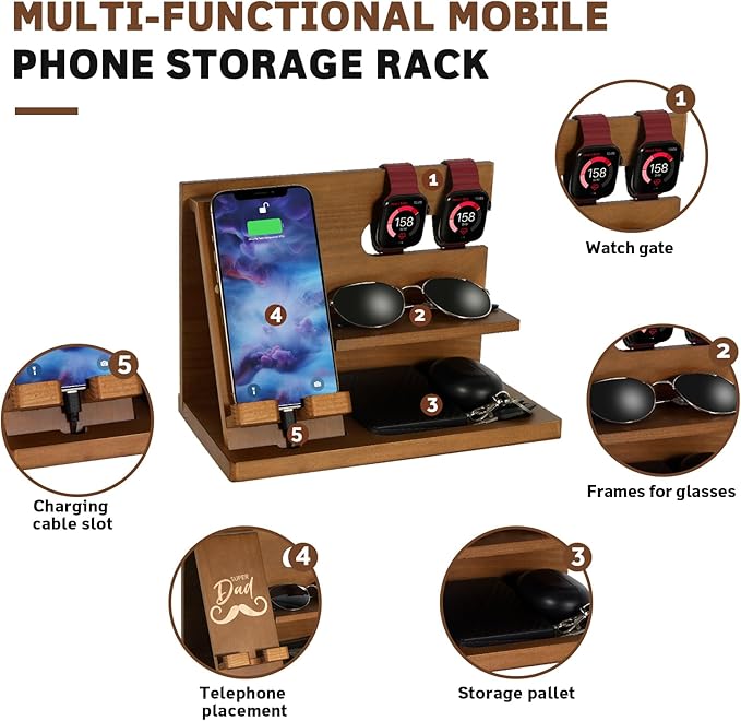 Fathers Day for Dad Dad Birthday Gifts Wood Phone Docking Station Nightstand Organizer Gifts for Dad Christmas Father's Day Dad Gifts from Daughter Son Organiser Birthday Presents for Dad