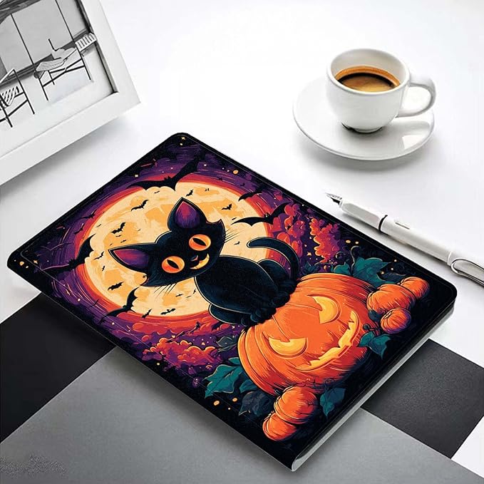 Case for iPad 5th/6th Gen 9.7 2017/2018iPad Air 1/2 9.7 InchSlim PU Leather Cover Adjustable Stand Auto Wake/SleepHalloween Black Cat Pumpkin