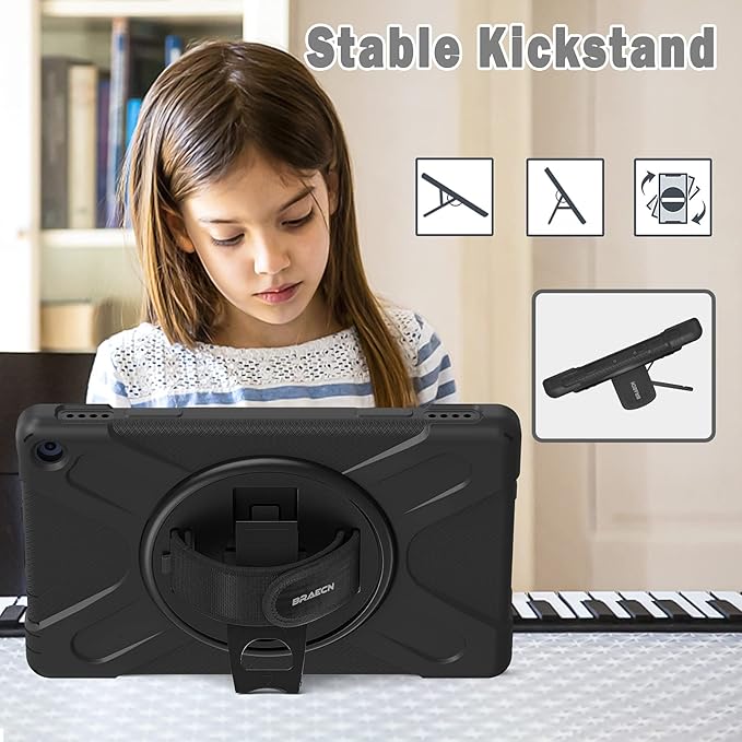 BRAECN Fire HD 10/HD 10 Plus 11th Generation 2021 CaseHeavy Duty Shockproof Protective Case with Rotating Hand StrapCarrying Shoulder StrapKickstand for Amazon Fire HD 10 / HD 10 Plus Tablet-Black