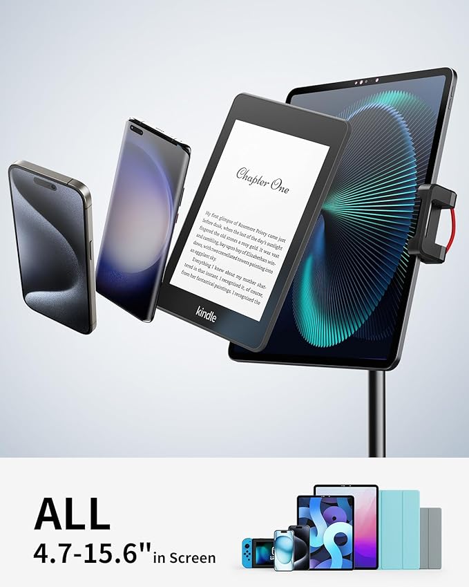 SAIJI Tablet Stand Holder Extra-Height Adjustable Kindle Stand 360 Degree Rotating iPad Holder Aluminum Alloy Cradle Mount Dock for 4.7-15.6 iPhone Samsung Tablets Portable Monitor (Black)