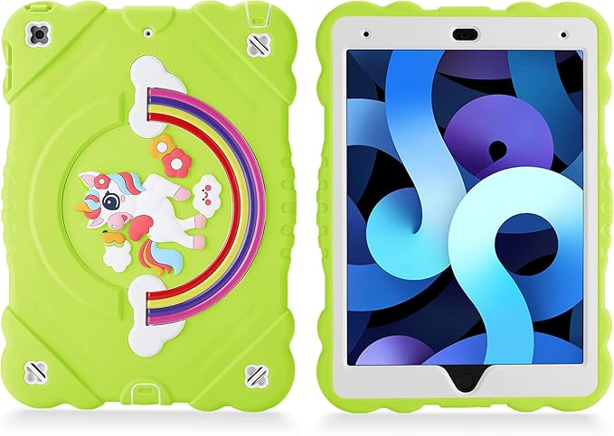 XZC Case for iPad 9th/8th/7th Generation 2021/2020/2019(10.2 inch) Unicorn Cute Cover Heavy Duty Shockproof Protective Case with Built-in Stand Strap for Kids Girls Women (Green)