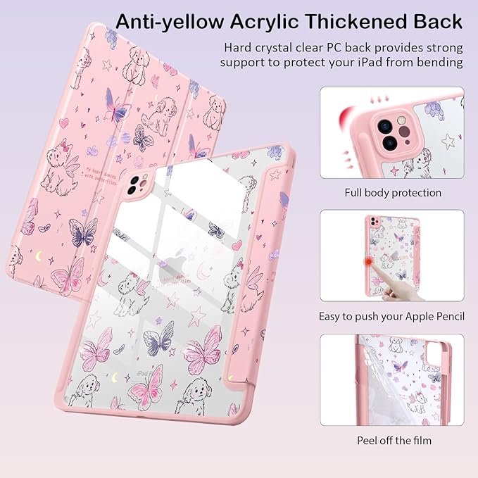 Cute Kawaii Puppy Butterfly for iPad (A16) 11th Gen Case 11 Inch 2025 for iPad 10th Gen Case 10.9 Inch 2022 with Pencil Holder Auto Sleep/Wake Pink Leather Clear Acrylic Back Cover