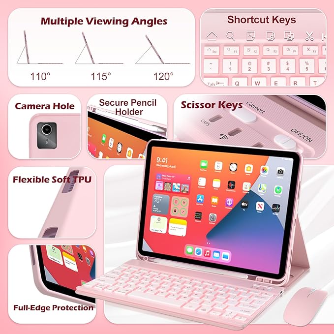 Keyboard Case for Lenovo Tab M11 / K11 LTE 11 Inch 2024 Mouse and 7 Colors Backlit Detachable Keyboard Adjustable Stand Built in S Pen Holder Auto-Sleep/Wake Feature Pink