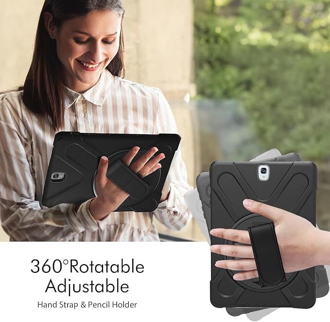 for Samsung Galaxy Tab S3 Case 9.7 inch 2017 SM-T820 T825 T827 Heavy Duty Full Body Shockproof Rugged Drop Protective Cover with 360° Rotating Stand Hand Strap Carrying Shoulder Strap Black