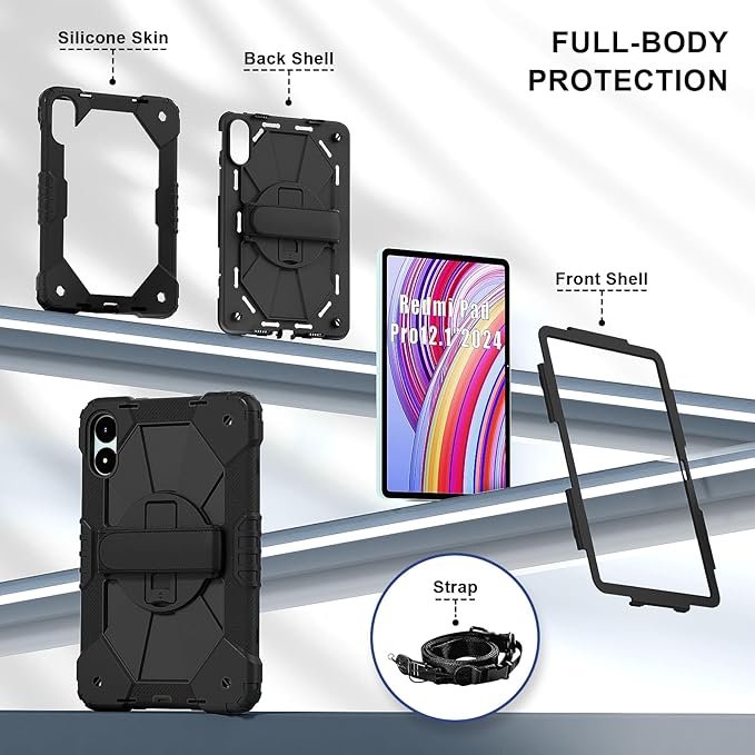 for Xiaomi Redmi Pad Pro 12.1/Xiaomi Poco Pad 12.1 Case with with Kickstand/Hand Strap/Rotating/Shoulder Strap (Black/Black)
