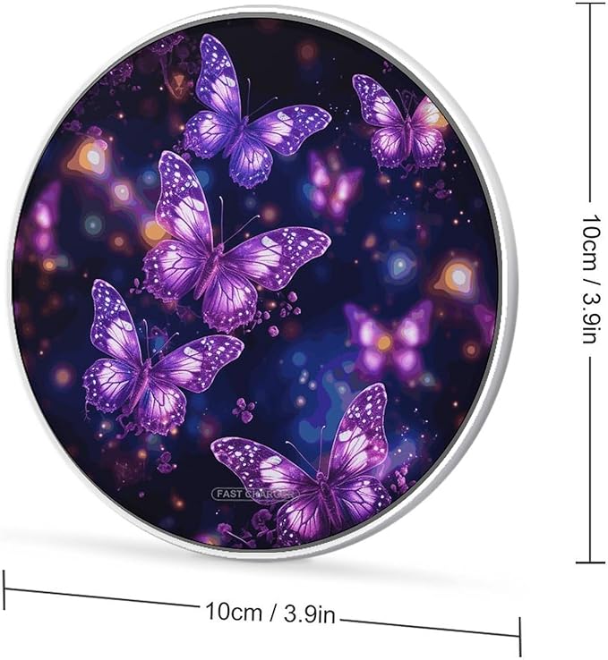 Purple Cute Butterfly Print Wireless Charger Fast Wireless Charging Pad with USB Cable 10W Anti-Slip Magnetic Wireless Charger Portable Slim Charger Puck Travel Charging Station