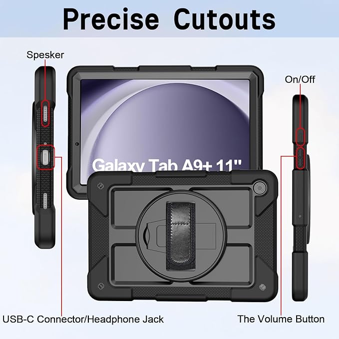 AVAWO Case for Samsung Galaxy A9+ Plus 11 inch 2023 with 360° Swivel Handle Strap Cover with Lanyard Black