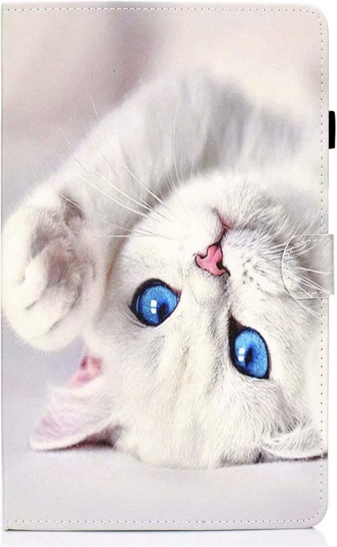 for Amazon Kindle Fire HD 10 Case 9th/7th/5th Generation (2019/2017/2015) 10.1 with Stand/Pencil Holder/Pockets [Auto Wake/Sleep] Magnetic Smart PU Leather Wallet Cover White Kitten Cat