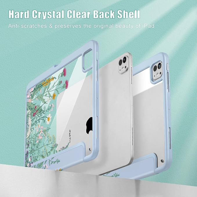 May Chen Case for iPad Pro 11-Inch M5/M4 2025/2024 (6th/5th Generation) Clear Transparent Print Back Shell Slim Stand Shockproof Tablet Cover Auto Wake/Sleep Herbs Flowers