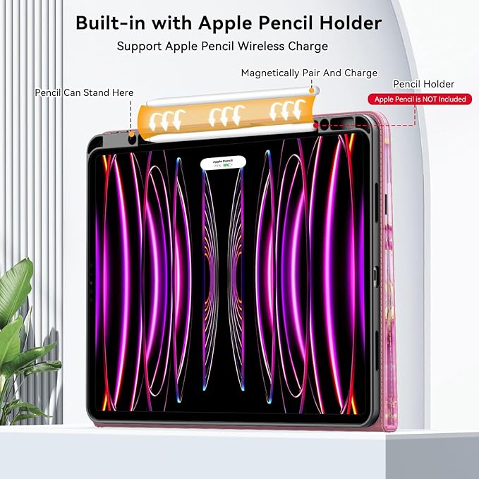 Case for New iPad Pro 12.9 inch 6th/5th/4th/3rd Generation 2022/2021/2020/2018 12.9'' ipad Pro Leather Folio Protective Cover 6/5/4/3 Gen with Pencil Holder Auto Wake/Sleep Marble Pink