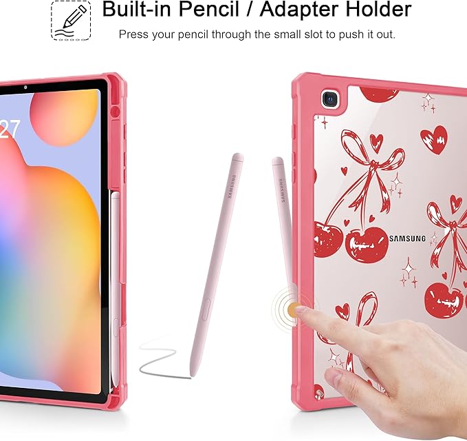 Mektron Case for Samsung Galaxy Tab S6 Lite 10.4 Inch 2024/2022/2020 with S Pen Holder Multi-Angle Viewing with Shockproof Cover Clear Shell + Trifold Stand + Auto Wake/Sleep Cherries Bows C388
