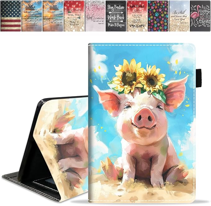 Case for Amazon Kindle Fire 7 Tablet (7 9th/7th Generation 2019/2017 Release) Slim PU Leather Cover with Card Slot &amp Auto Wake/Sleep Watercolor Art Cute Pig
