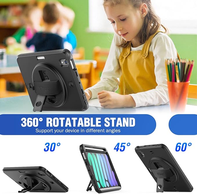 Timecity Case for iPad mini 7 (A17 Pro) 2024/ Mini 6 8.3'' - Heavy Duty Protective Cover with Screen Protector Rotating Stand Shoulder Strap &amp Pencil Holder Case for iPad mini 7th/6th Gen Black