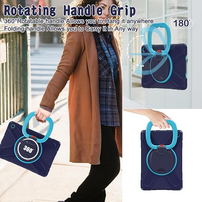 All-New Fire HD 10 &amp Fire HD 10 Kids Pro Tablet Case (13th Gen 2023 Release)Heavy Sturdy Shockproof Kids CaseRotating Stand/Carrying Strap (Navy Blue+Blue)