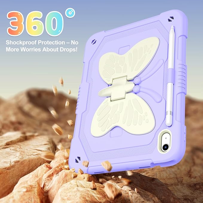 Case for iPad (A16) 11th/10th Generation 2025/2022 11/10.9 for Kids Girls with 9H Tempered Glass Screen Protector Rugged Shockproof Protective with Butterfly Stand Carrying Strap-Purple