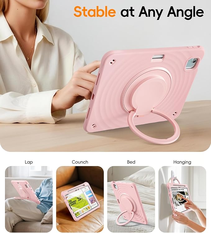 BATYUE Case for iPad Air 11-inch M4(2026)/ M3 (2025) / M2 (2024) iPad Air 5th/4th 10.9 inch(2022/2020) iPad Pro 11 4th/3rd/2nd/1st Cover with Class Screen ProtectorPencil Holder &amp Strap Pink