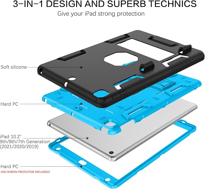 BENTOBEN iPad 9th Generation Case iPad 8th Generation Case iPad 7th Gen Case iPad 10.2 2021/2020/2019 Case 3 in 1 Heavy Duty Rugged Shockproof Protective Cover with Stand Pen Holder Black/Blue