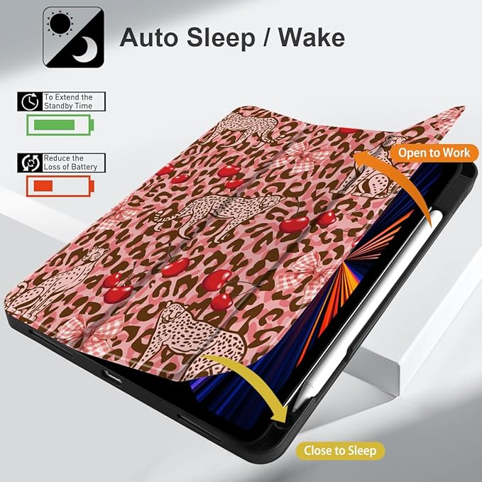 DONGKE Case for 2022/2021/2020/2018 iPad Pro 11 inch Gen 4/3/2/1 - Slim Protective Case - Built in Pencil Holder Support Charging - Trifold Stand &amp Sleep/Wake Cover- Cheetah Bow