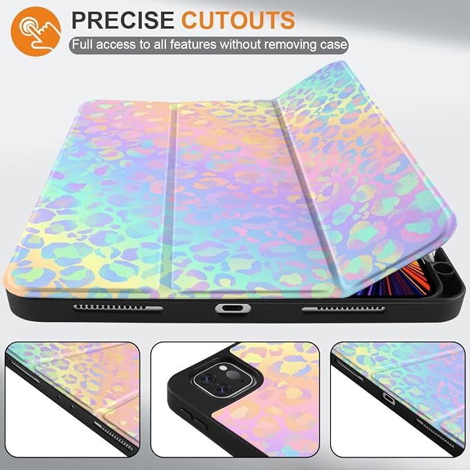 DONGKE Case for 2022/2021/2020/2018 iPad Pro 11 inch Gen 4/3/2/1 - Slim Protective Case - Built in Pencil Holder Support Charging - Trifold Stand &amp Sleep/Wake Cover - Colorful Leopard