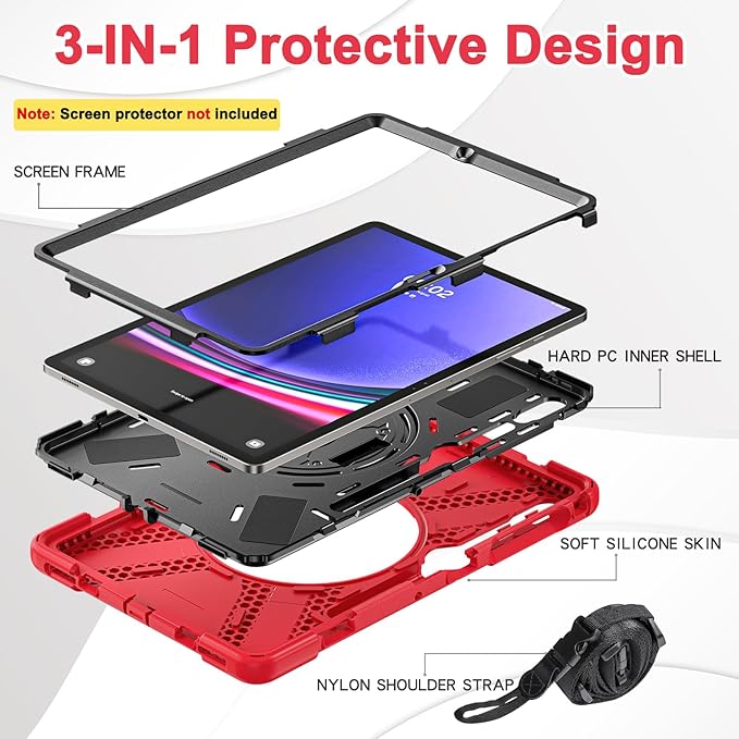 BRAECN for Samsung Galaxy Tab S10 Plus Case 2024/S9 Plus/S9 FE+/S8 Plus/S7 Plus /S7 FE 12.4 InchHeavy Duty Shockproof Case with S Pen Holder&amp360 Rotating Hand Strap/Kickstand Shoulder StrapRed