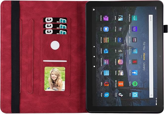 for Amazon Kindle Fire HD 10 &amp HD 10 Plus Case 13th/11th Generation 10.1 inch (2023/2021) Folio Stand Embossed PU Leather Wallet Cover with Pencil Holder/Card Pockes Red Flower Butterfly