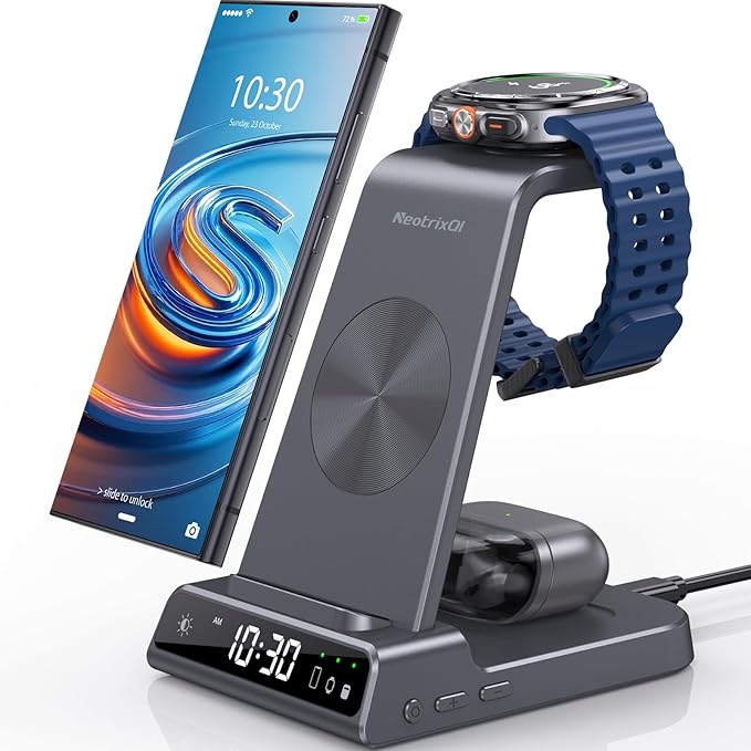 Wireless Charger Samsung Charging Station: 3 in 1 Android Charging Stand with Dimmable Clock - Nightstand Organizer for Galaxy S25 Ultra S24 Galaxy Watch 8 7 6 5 4 Galaxy Buds Space-Saving Charger